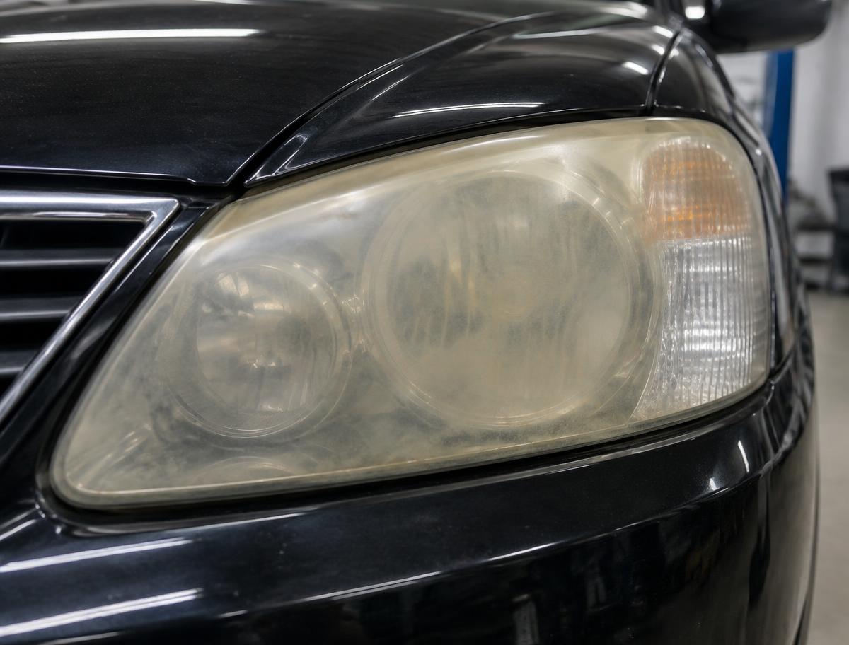 Cloudy oxidized vehicle headlight before restoration