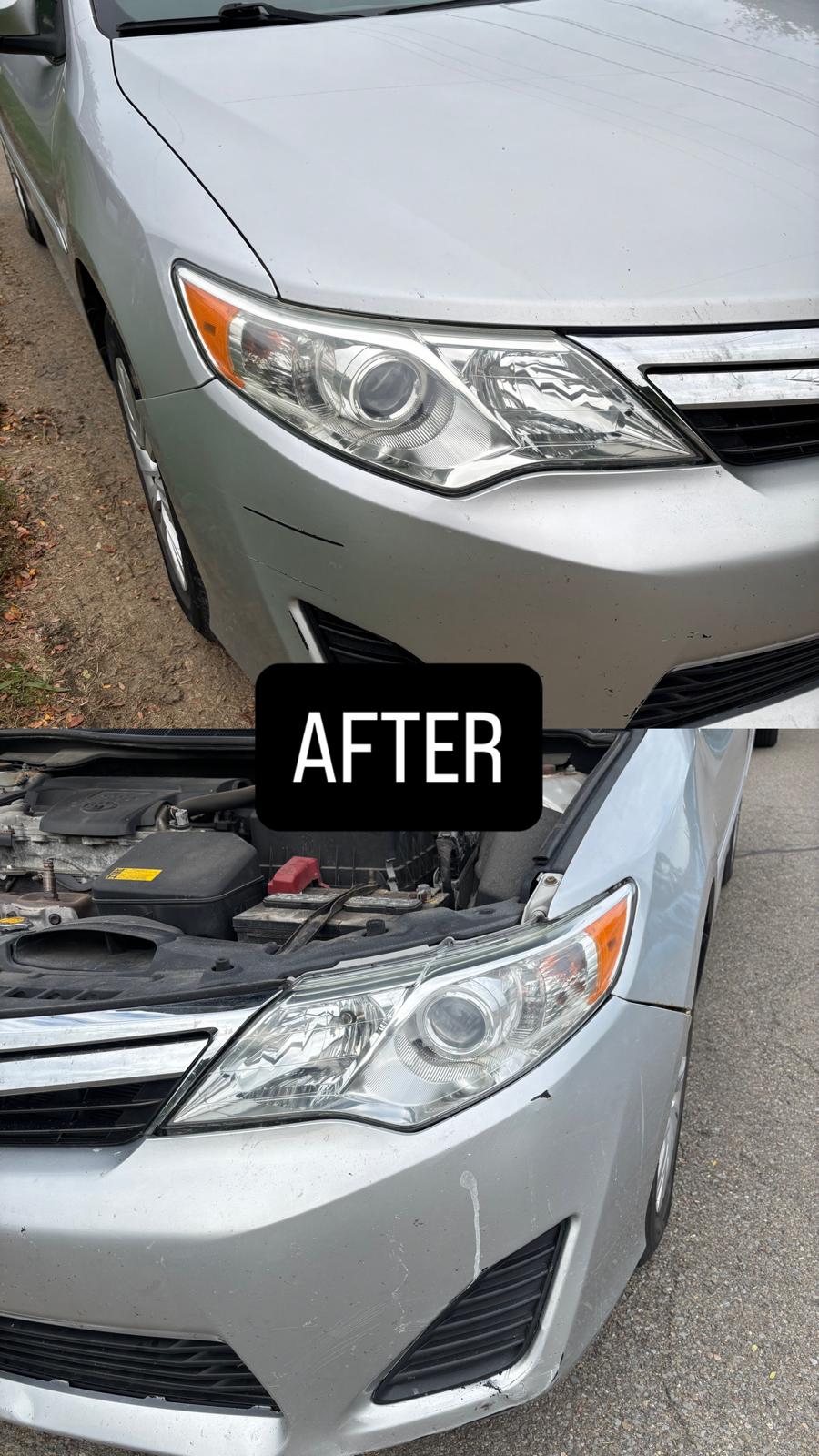 Restored clear headlights on a silver sedan, showing both sides after restoration